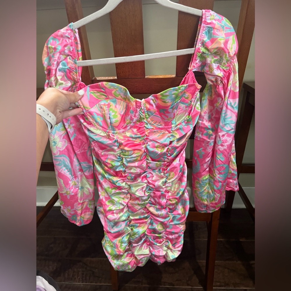 Multicolor ruched off the shoulder long sleeve mini dress